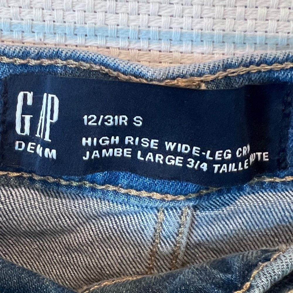 Gap High Rise Wide Leg Crop Two Tone Baggy Jeans Medium Wash 12/31R Raw Hem - Picture 2 of 10